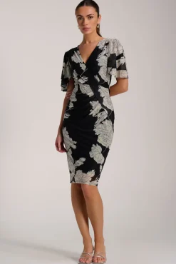 Jolie Moi Occasion Dresses|Floral Dresses-Angel Sleeve Ruched Mesh Bodycon Dress, Beige Floral