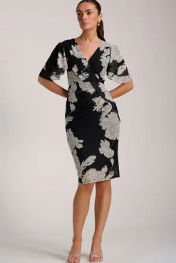Jolie Moi Occasion Dresses|Floral Dresses-Angel Sleeve Ruched Mesh Bodycon Dress, Beige Floral