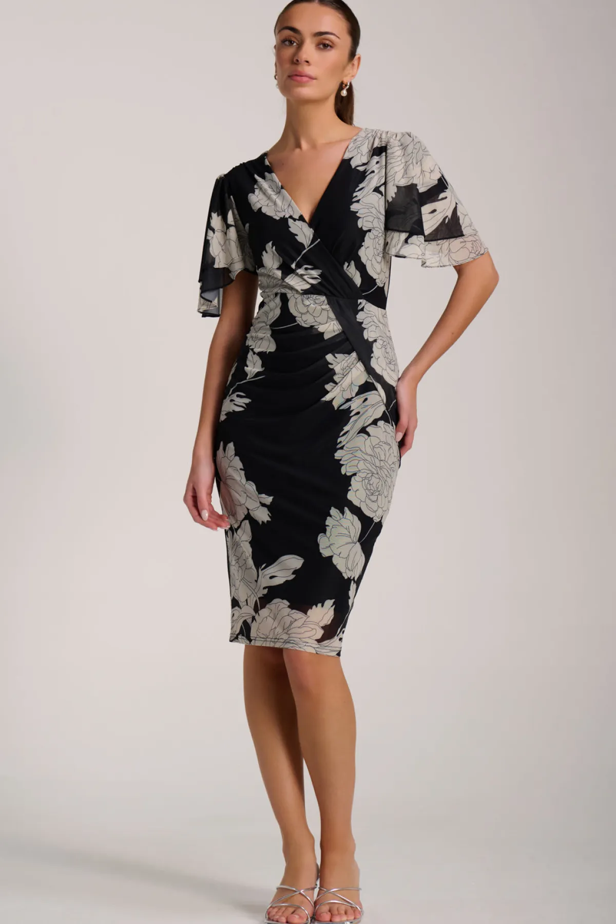 Jolie Moi Occasion Dresses|Floral Dresses-Angel Sleeve Ruched Mesh Bodycon Dress, Beige Floral