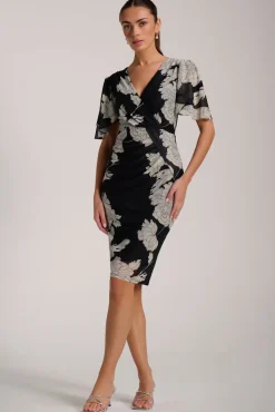 Jolie Moi Occasion Dresses|Floral Dresses-Angel Sleeve Ruched Mesh Bodycon Dress, Beige Floral