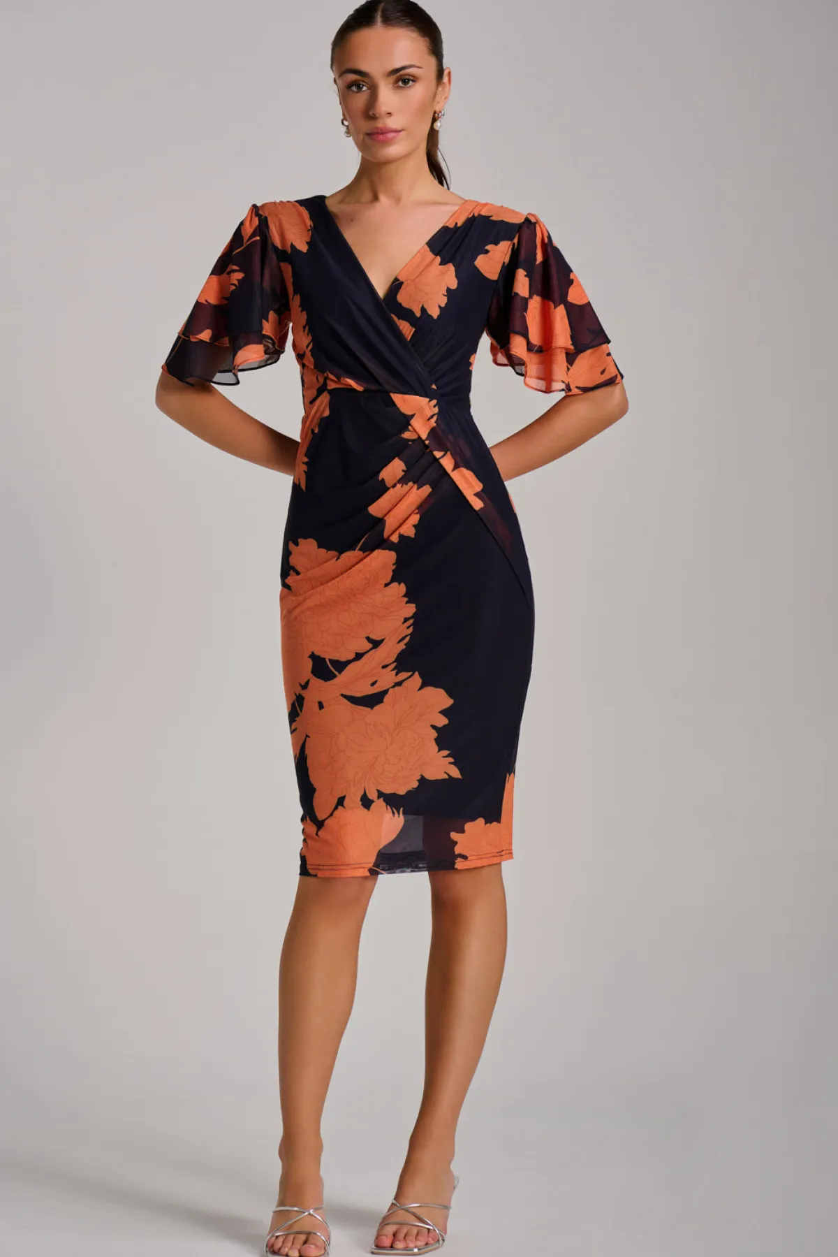 Jolie Moi Occasion Dresses|Floral Dresses-Angel Sleeve Ruched Mesh Bodycon Dress, Orange Floral