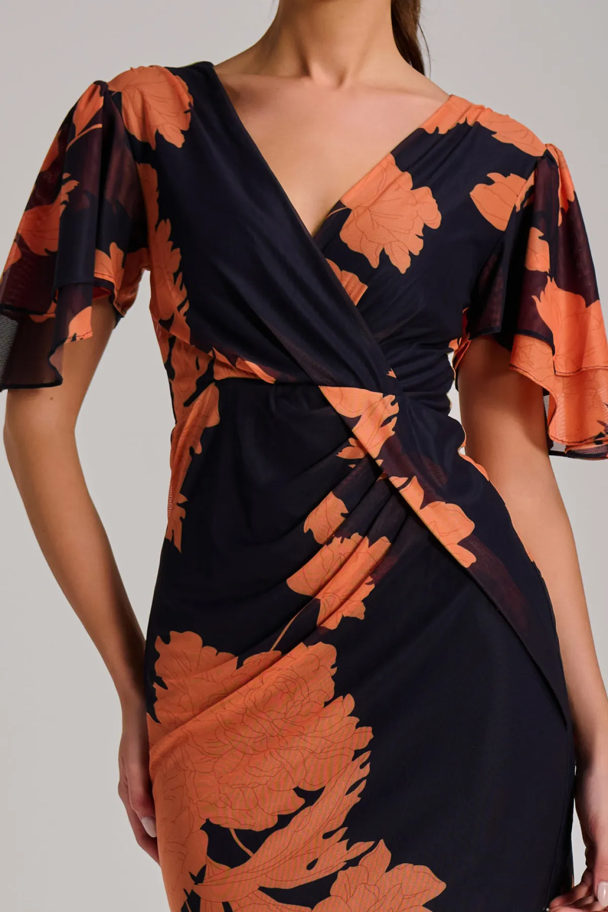 Jolie Moi Occasion Dresses|Floral Dresses-Angel Sleeve Ruched Mesh Bodycon Dress, Orange Floral