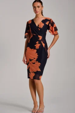 Jolie Moi Occasion Dresses|Floral Dresses-Angel Sleeve Ruched Mesh Bodycon Dress, Orange Floral