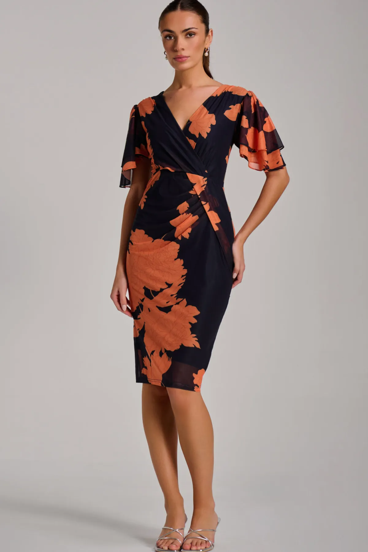 Jolie Moi Occasion Dresses|Floral Dresses-Angel Sleeve Ruched Mesh Bodycon Dress, Orange Floral