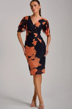 Jolie Moi Occasion Dresses|Floral Dresses-Angel Sleeve Ruched Mesh Bodycon Dress, Orange Floral