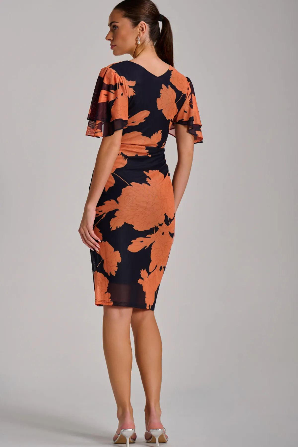 Jolie Moi Occasion Dresses|Floral Dresses-Angel Sleeve Ruched Mesh Bodycon Dress, Orange Floral