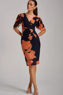 Jolie Moi Occasion Dresses|Floral Dresses-Angel Sleeve Ruched Mesh Bodycon Dress, Orange Floral