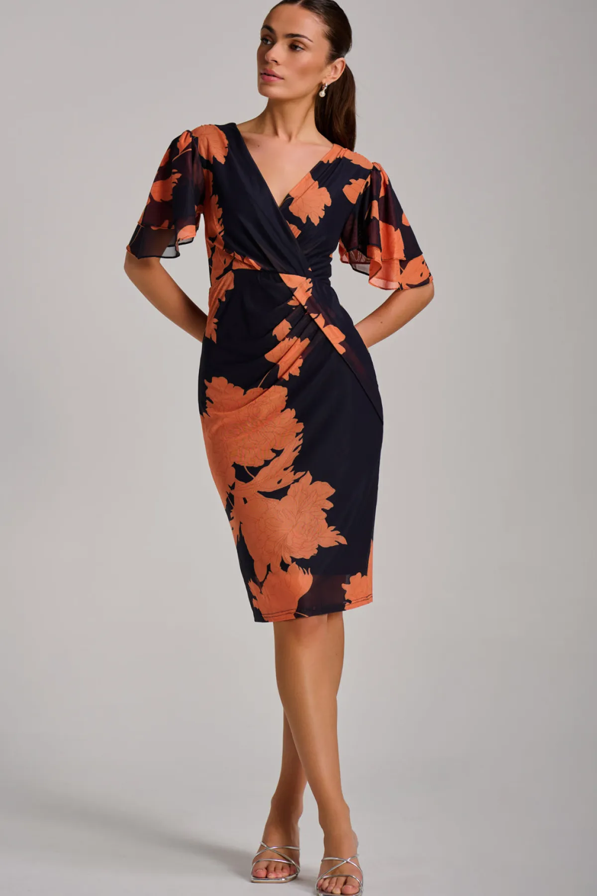 Jolie Moi Occasion Dresses|Floral Dresses-Angel Sleeve Ruched Mesh Bodycon Dress, Orange Floral