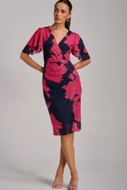 Jolie Moi Occasion Dresses|Floral Dresses-Angel Sleeve Ruched Mesh Bodycon Dress, Red Floral