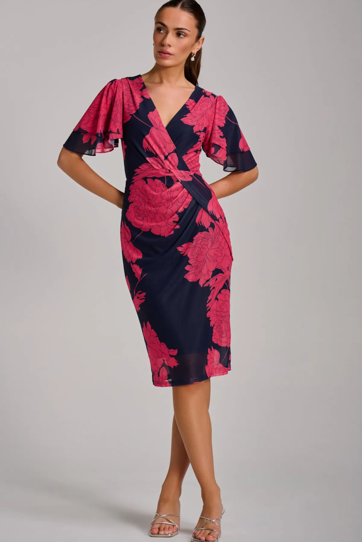 Jolie Moi Occasion Dresses|Floral Dresses-Angel Sleeve Ruched Mesh Bodycon Dress, Red Floral