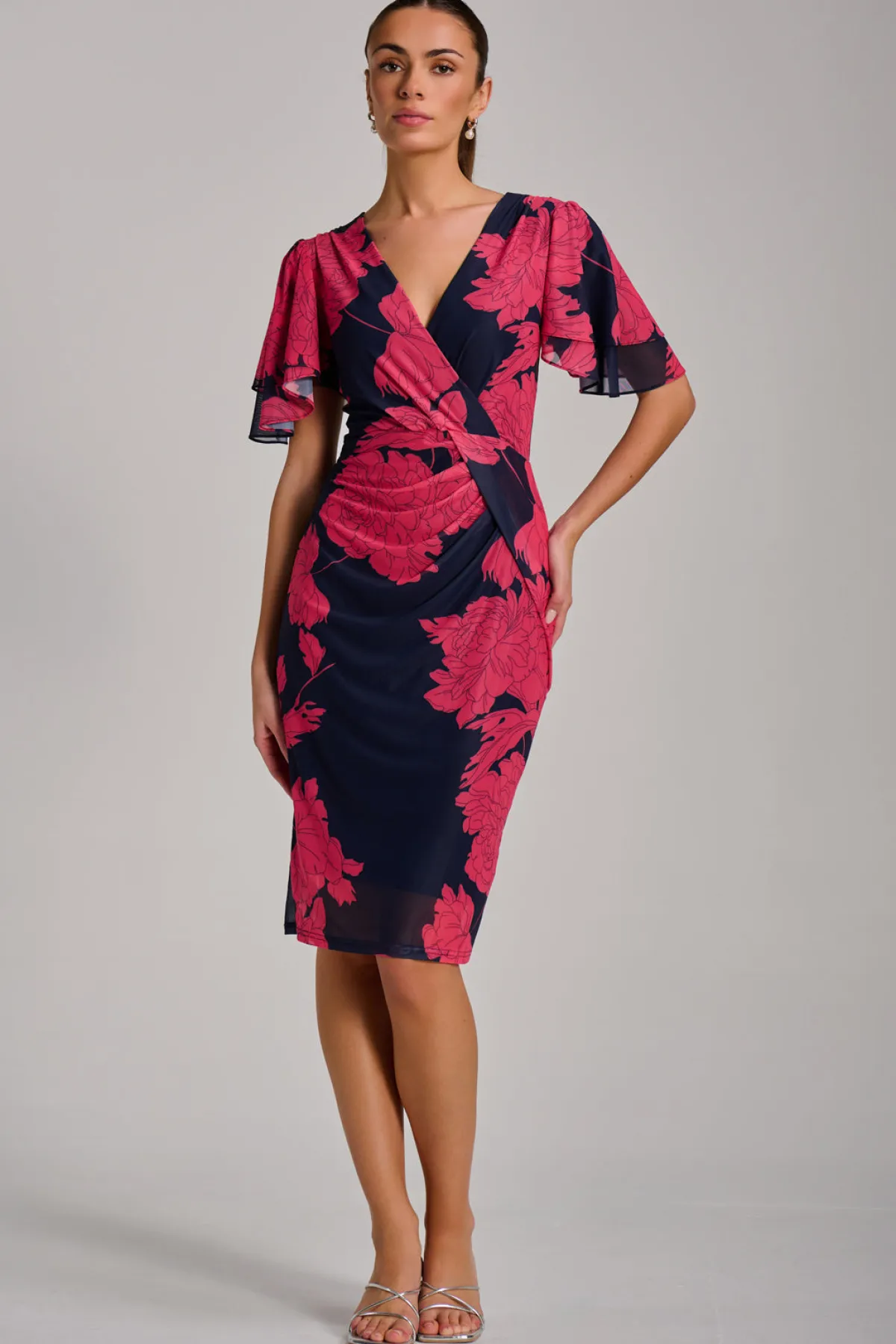 Jolie Moi Occasion Dresses|Floral Dresses-Angel Sleeve Ruched Mesh Bodycon Dress, Red Floral