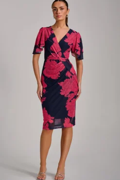 Jolie Moi Occasion Dresses|Floral Dresses-Angel Sleeve Ruched Mesh Bodycon Dress, Red Floral