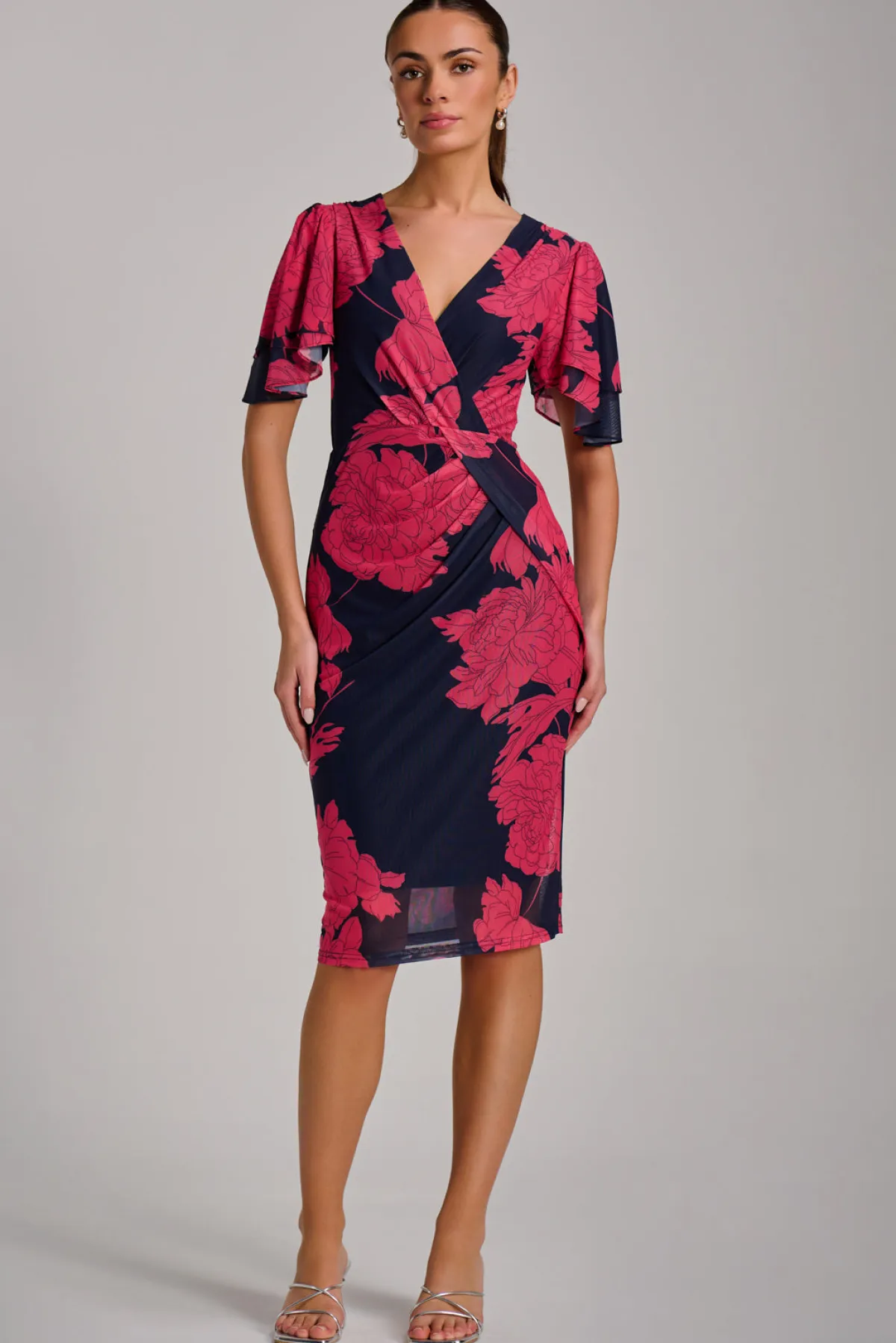 Jolie Moi Occasion Dresses|Floral Dresses-Angel Sleeve Ruched Mesh Bodycon Dress, Red Floral