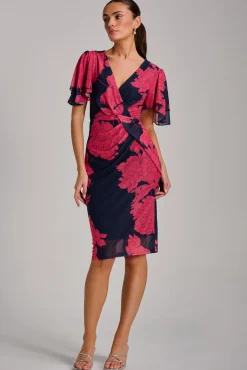 Jolie Moi Occasion Dresses|Floral Dresses-Angel Sleeve Ruched Mesh Bodycon Dress, Red Floral