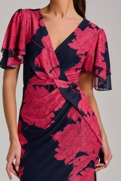 Jolie Moi Occasion Dresses|Floral Dresses-Angel Sleeve Ruched Mesh Bodycon Dress, Red Floral