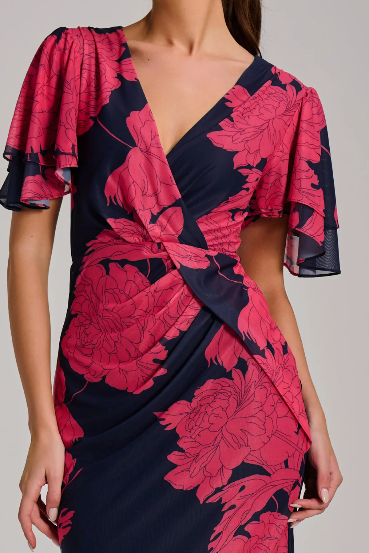Jolie Moi Occasion Dresses|Floral Dresses-Angel Sleeve Ruched Mesh Bodycon Dress, Red Floral