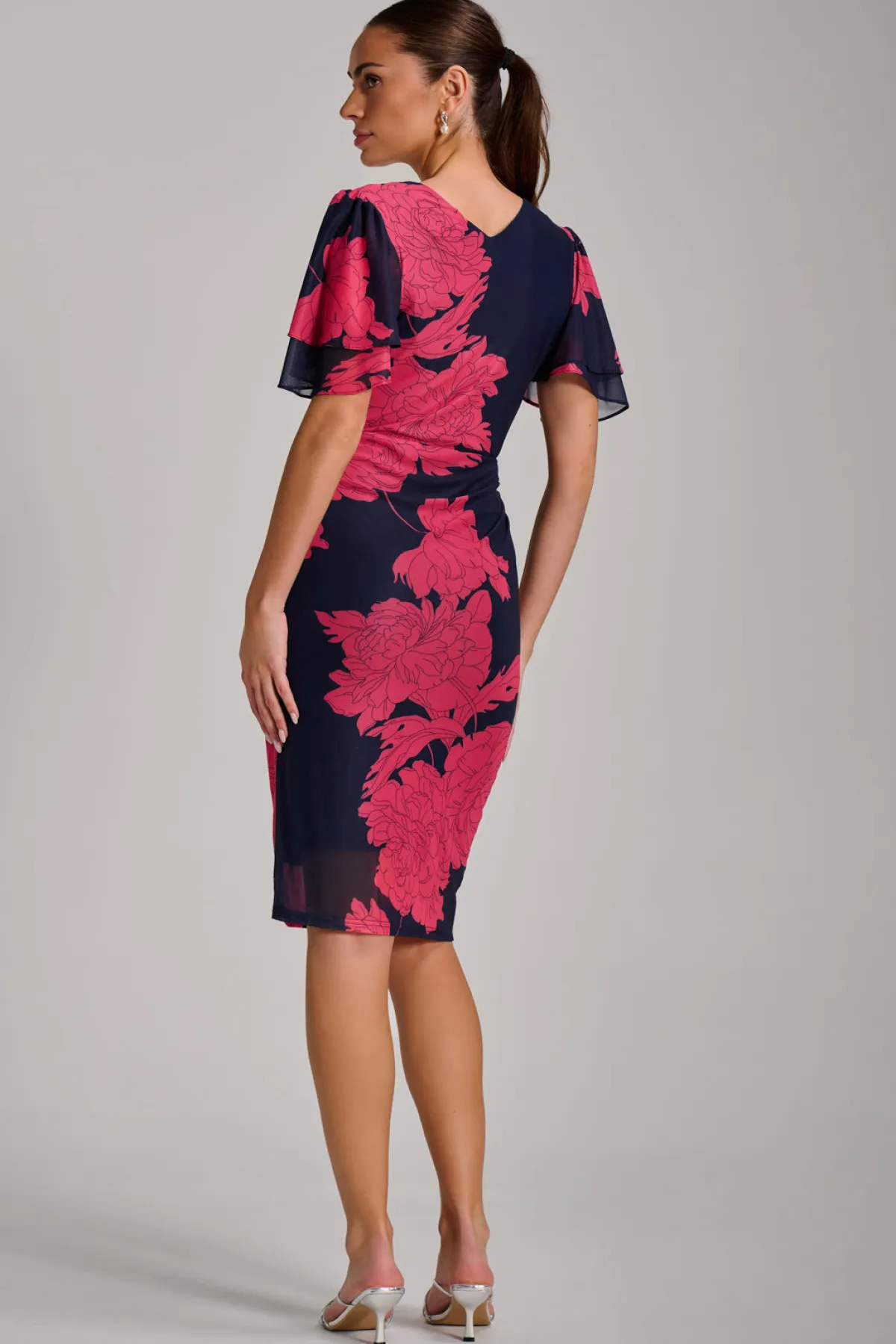Jolie Moi Occasion Dresses|Floral Dresses-Angel Sleeve Ruched Mesh Bodycon Dress, Red Floral