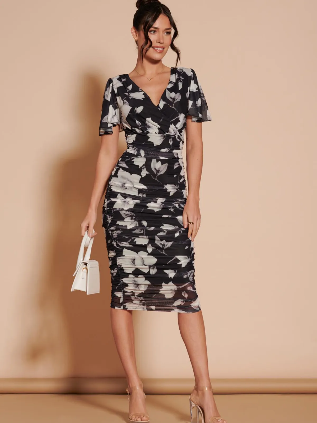 Jolie Moi Occasion Dresses|Floral Dresses-Angel Sleeve Ruched Mesh Midi Dress, Black Floral