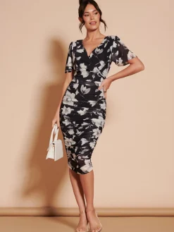Jolie Moi Occasion Dresses|Floral Dresses-Angel Sleeve Ruched Mesh Midi Dress, Black Floral