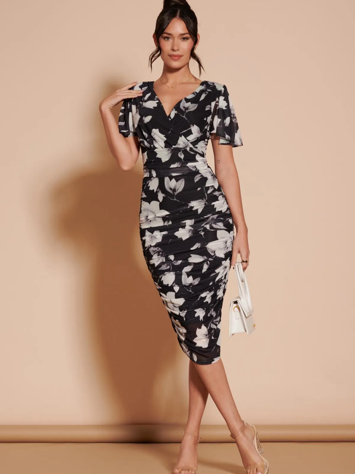 Jolie Moi Occasion Dresses|Floral Dresses-Angel Sleeve Ruched Mesh Midi Dress, Black Floral
