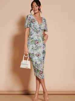 Jolie Moi Occasion Dresses|Floral Dresses-Angel Sleeve Ruched Mesh Midi Dress, Green Floral