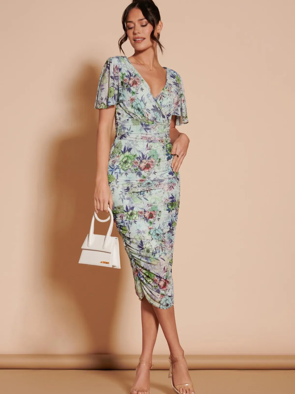 Jolie Moi Occasion Dresses|Floral Dresses-Angel Sleeve Ruched Mesh Midi Dress, Green Floral