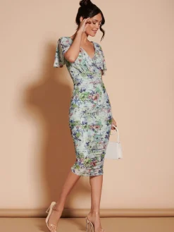 Jolie Moi Occasion Dresses|Floral Dresses-Angel Sleeve Ruched Mesh Midi Dress, Green Floral