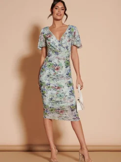 Jolie Moi Occasion Dresses|Floral Dresses-Angel Sleeve Ruched Mesh Midi Dress, Green Floral