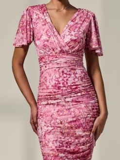 Jolie Moi Occasion Dresses|Floral Dresses-Angel Sleeve Ruched Mesh Midi Dress, Pink Abstract