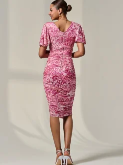 Jolie Moi Occasion Dresses|Floral Dresses-Angel Sleeve Ruched Mesh Midi Dress, Pink Abstract
