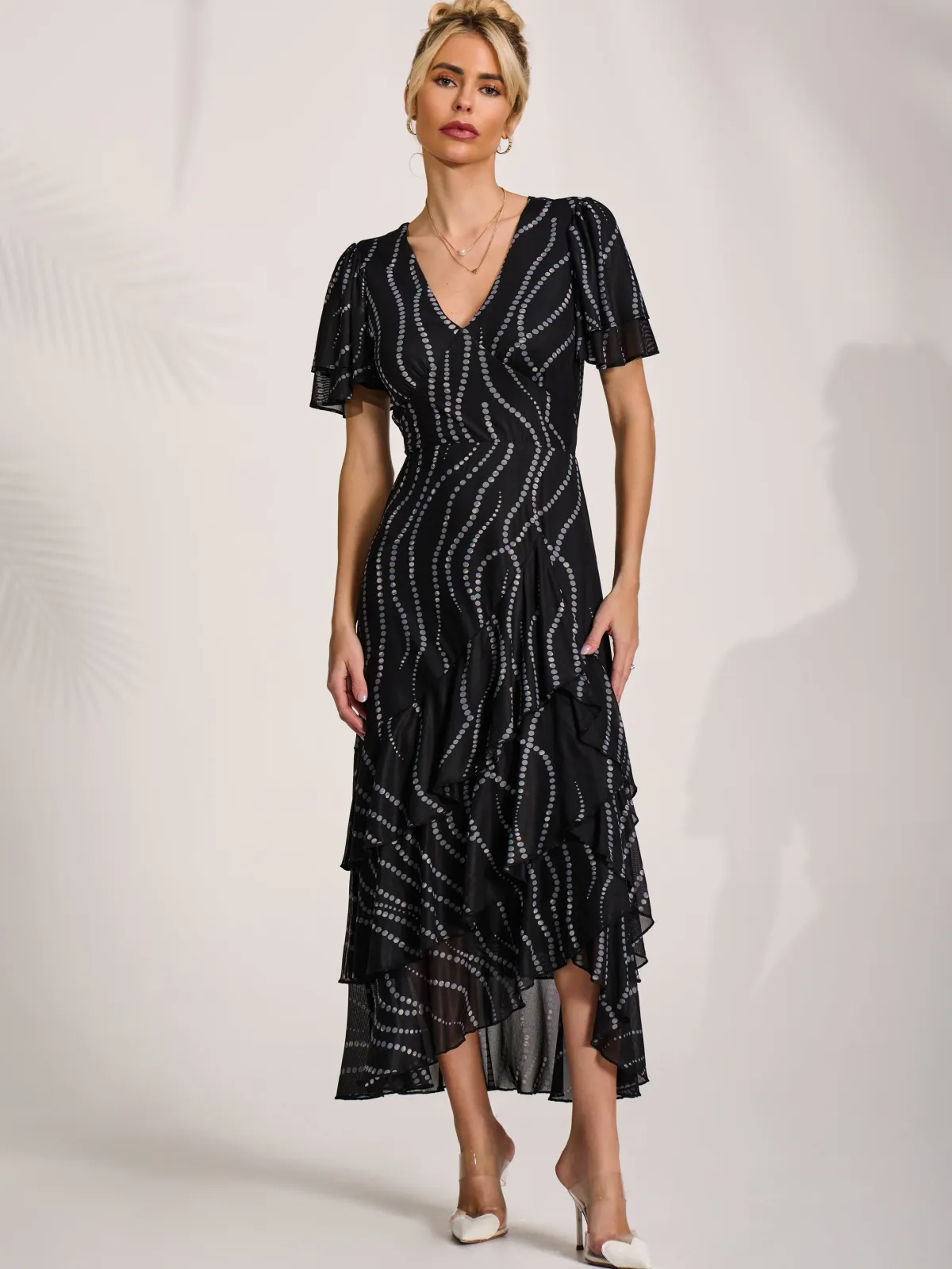Jolie Moi Occasion Dresses|Wrap Dresses-Angel Sleeve Ruffle Hem Mesh Midaxi Dress, Black Spot