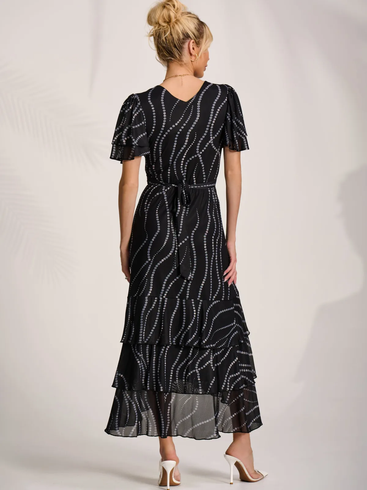 Jolie Moi Occasion Dresses|Wrap Dresses-Angel Sleeve Ruffle Hem Mesh Midaxi Dress, Black Spot