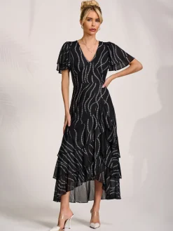 Jolie Moi Occasion Dresses|Wrap Dresses-Angel Sleeve Ruffle Hem Mesh Midaxi Dress, Black Spot