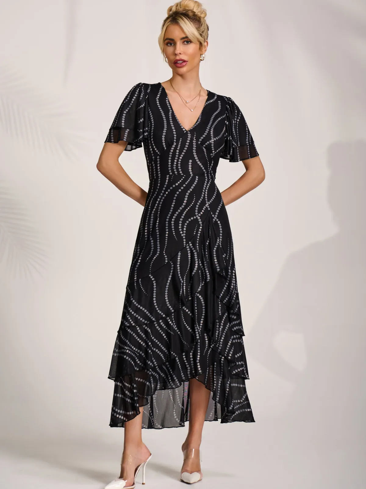 Jolie Moi Occasion Dresses|Wrap Dresses-Angel Sleeve Ruffle Hem Mesh Midaxi Dress, Black Spot