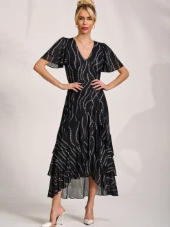 Jolie Moi Occasion Dresses|Wrap Dresses-Angel Sleeve Ruffle Hem Mesh Midaxi Dress, Black Spot
