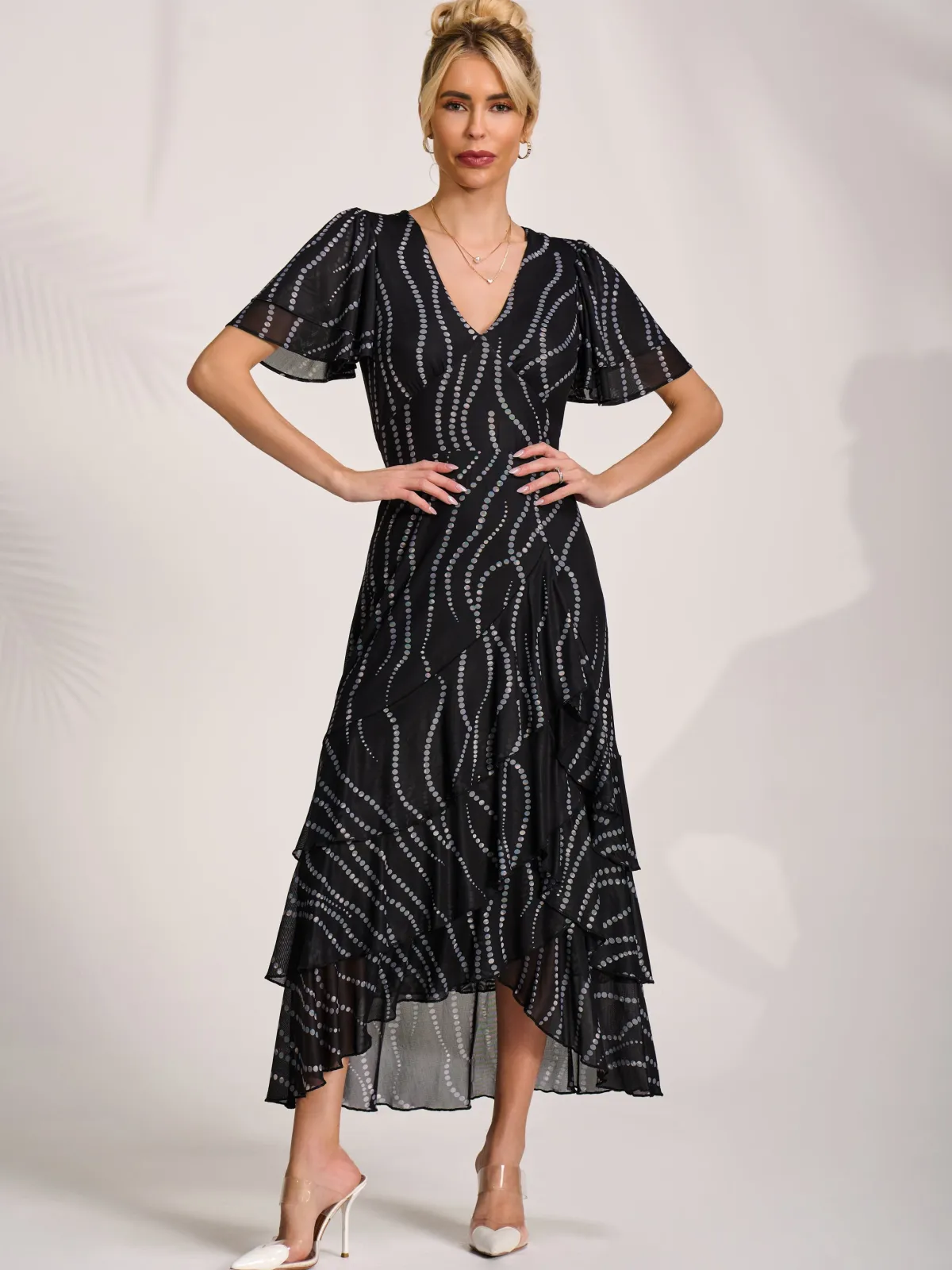Jolie Moi Occasion Dresses|Wrap Dresses-Angel Sleeve Ruffle Hem Mesh Midaxi Dress, Black Spot