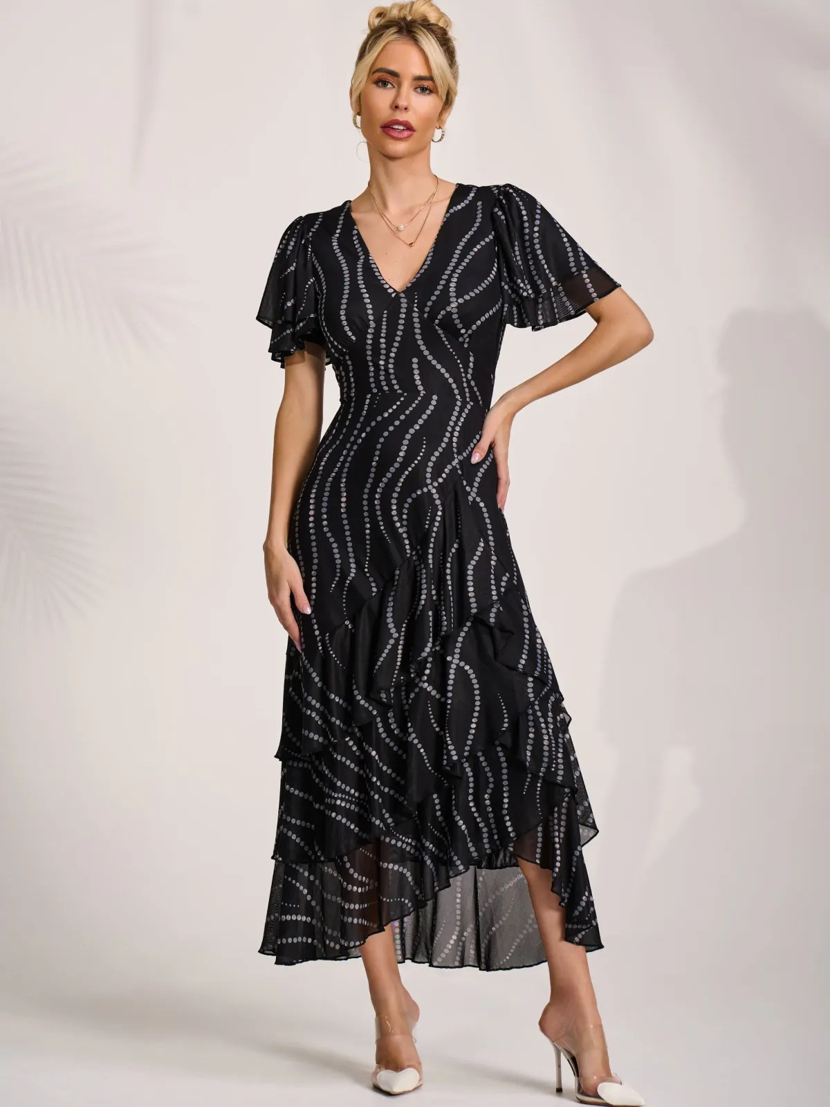 Jolie Moi Occasion Dresses|Wrap Dresses-Angel Sleeve Ruffle Hem Mesh Midaxi Dress, Black Spot