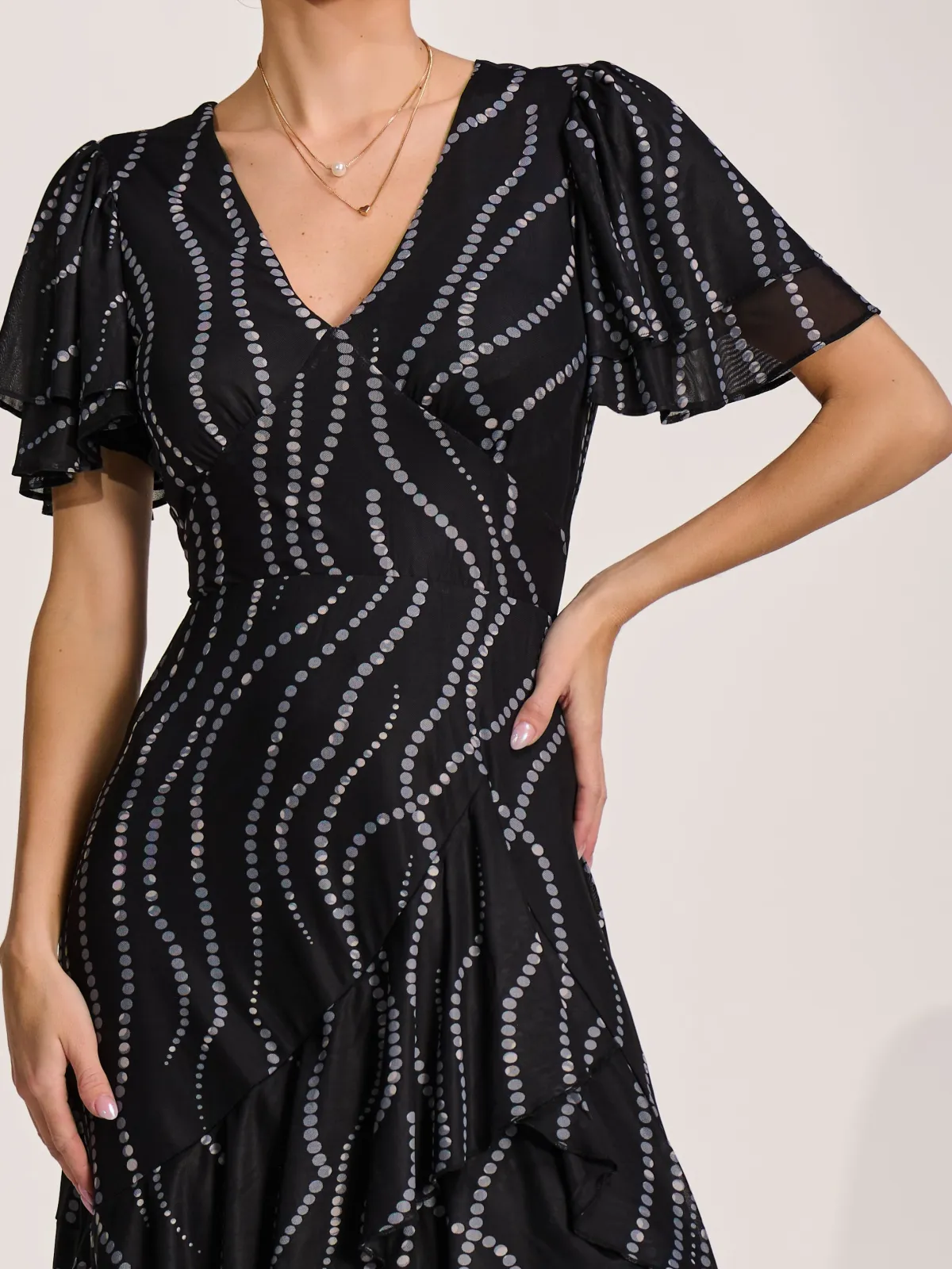 Jolie Moi Occasion Dresses|Wrap Dresses-Angel Sleeve Ruffle Hem Mesh Midaxi Dress, Black Spot