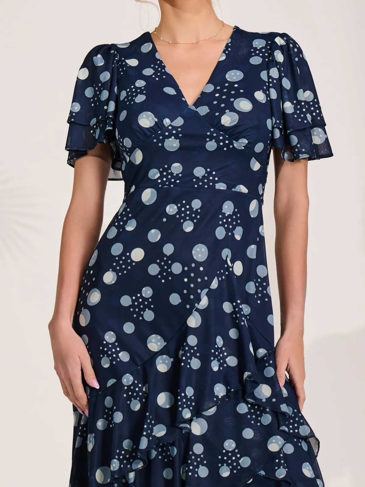 Jolie Moi Occasion Dresses|Wrap Dresses-Angel Sleeve Ruffle Hem Mesh Midaxi Dress, Navy Spot