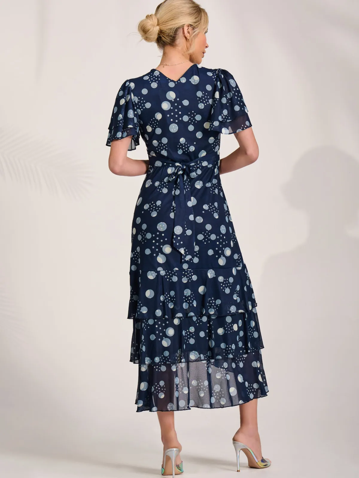 Jolie Moi Occasion Dresses|Wrap Dresses-Angel Sleeve Ruffle Hem Mesh Midaxi Dress, Navy Spot