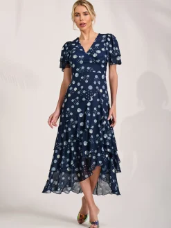 Jolie Moi Occasion Dresses|Wrap Dresses-Angel Sleeve Ruffle Hem Mesh Midaxi Dress, Navy Spot