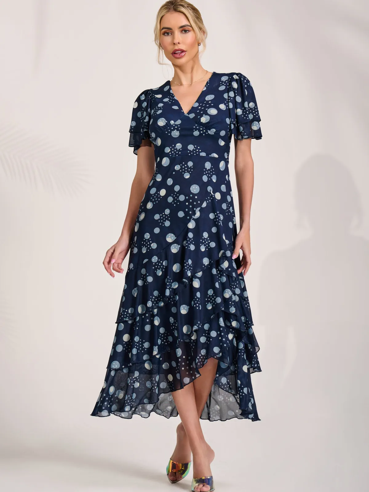 Jolie Moi Occasion Dresses|Wrap Dresses-Angel Sleeve Ruffle Hem Mesh Midaxi Dress, Navy Spot