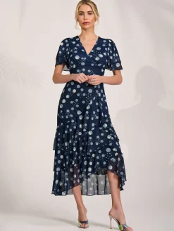 Jolie Moi Occasion Dresses|Wrap Dresses-Angel Sleeve Ruffle Hem Mesh Midaxi Dress, Navy Spot