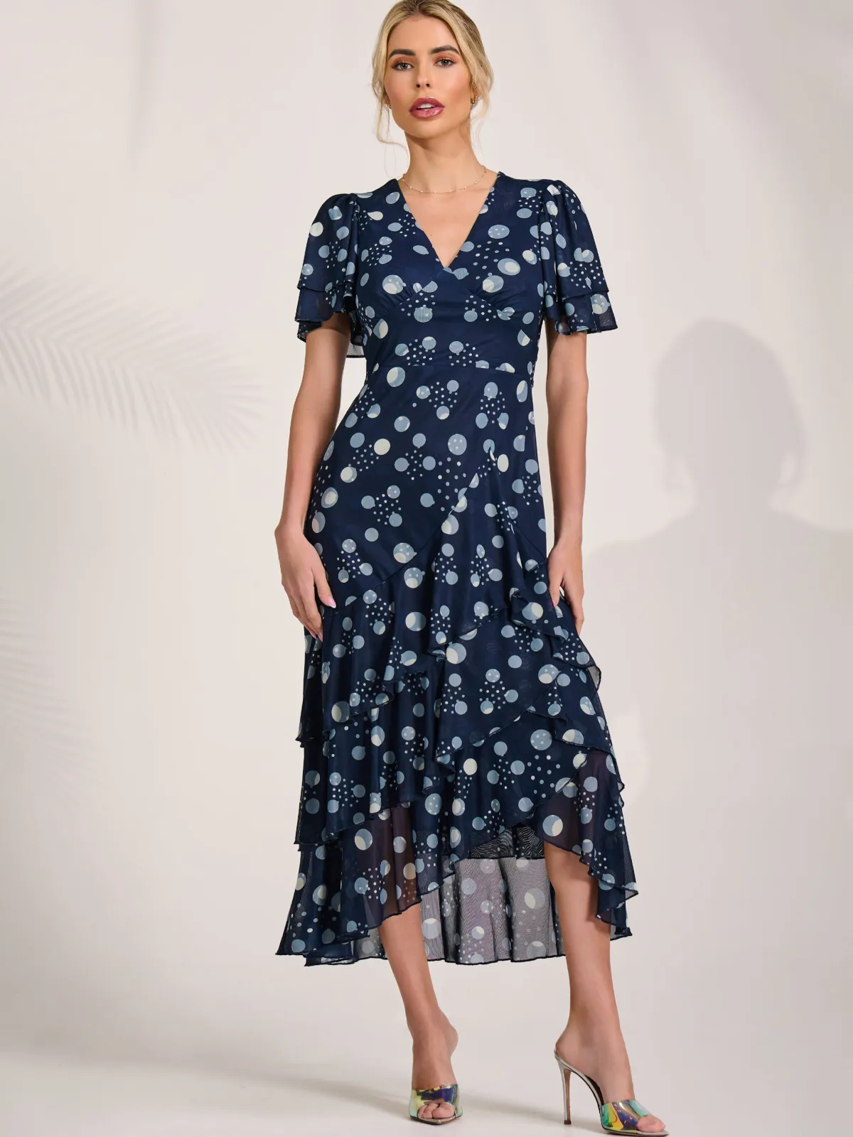 Jolie Moi Occasion Dresses|Wrap Dresses-Angel Sleeve Ruffle Hem Mesh Midaxi Dress, Navy Spot