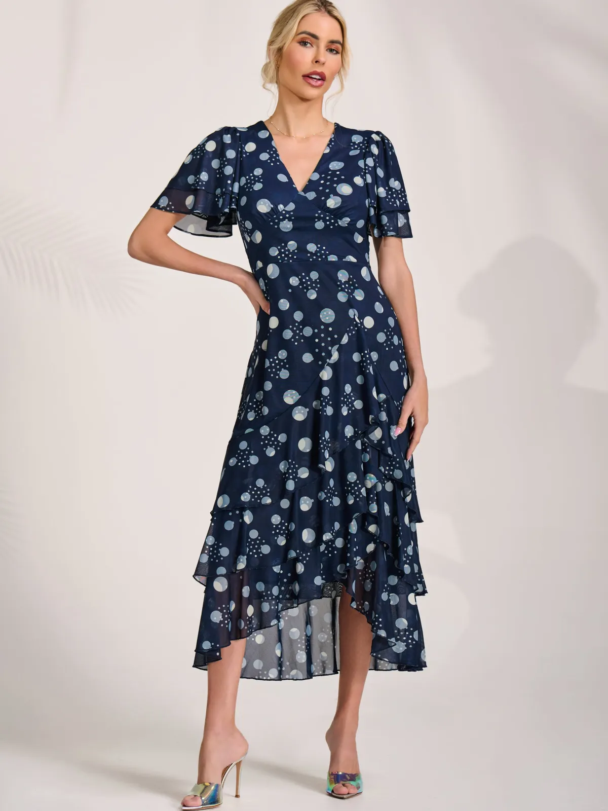 Jolie Moi Occasion Dresses|Wrap Dresses-Angel Sleeve Ruffle Hem Mesh Midaxi Dress, Navy Spot