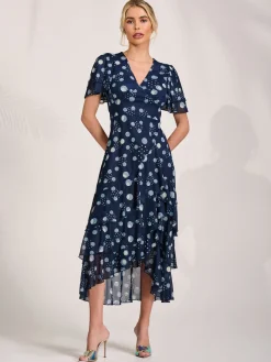 Jolie Moi Occasion Dresses|Wrap Dresses-Angel Sleeve Ruffle Hem Mesh Midaxi Dress, Navy Spot
