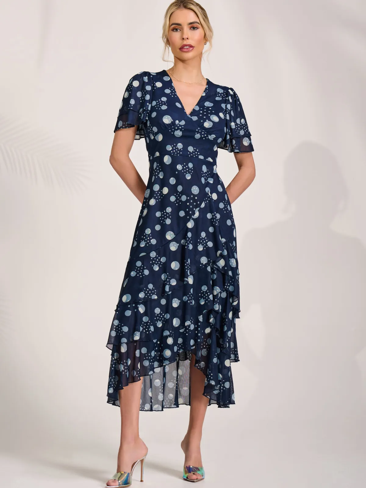 Jolie Moi Occasion Dresses|Wrap Dresses-Angel Sleeve Ruffle Hem Mesh Midaxi Dress, Navy Spot