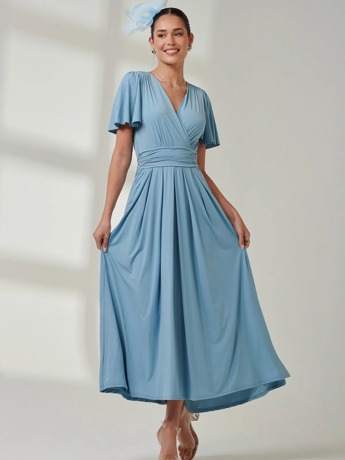 Jolie Moi Occasion Dresses|Jersey Dresses-Angel Sleeve Super-Smooth Jersey Maxi Dress, Blue