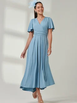 Jolie Moi Occasion Dresses|Jersey Dresses-Angel Sleeve Super-Smooth Jersey Maxi Dress, Blue
