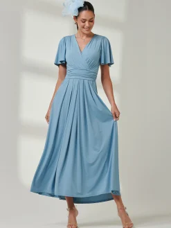 Jolie Moi Occasion Dresses|Jersey Dresses-Angel Sleeve Super-Smooth Jersey Maxi Dress, Blue